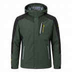 Army green hooded hiking jacket on white background