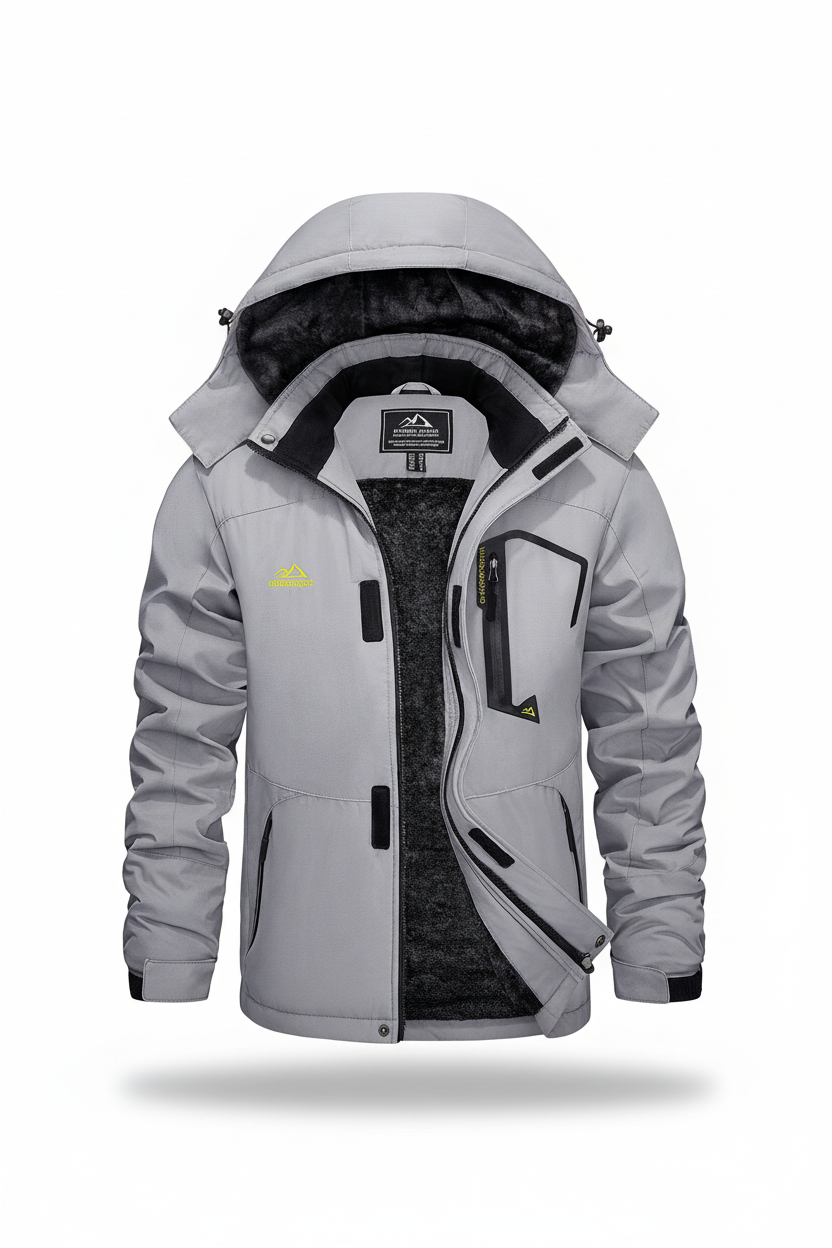 Men's hooded winter fleece lined jacket on a white background