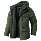 Green fleece-lined winter parka on white background