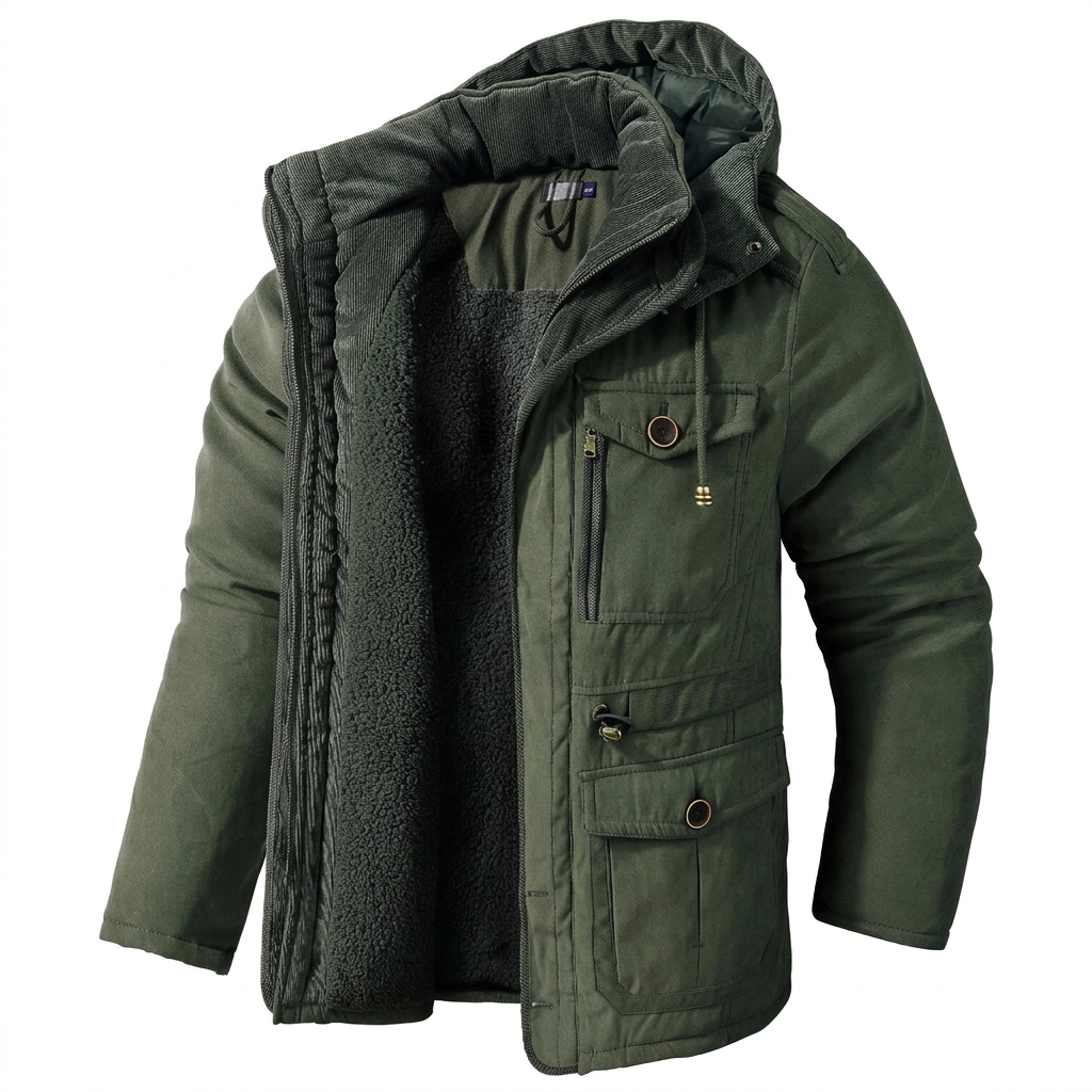 Green fleece-lined winter parka on white background