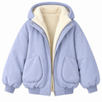 Blue hooded puffer jacket on a white background