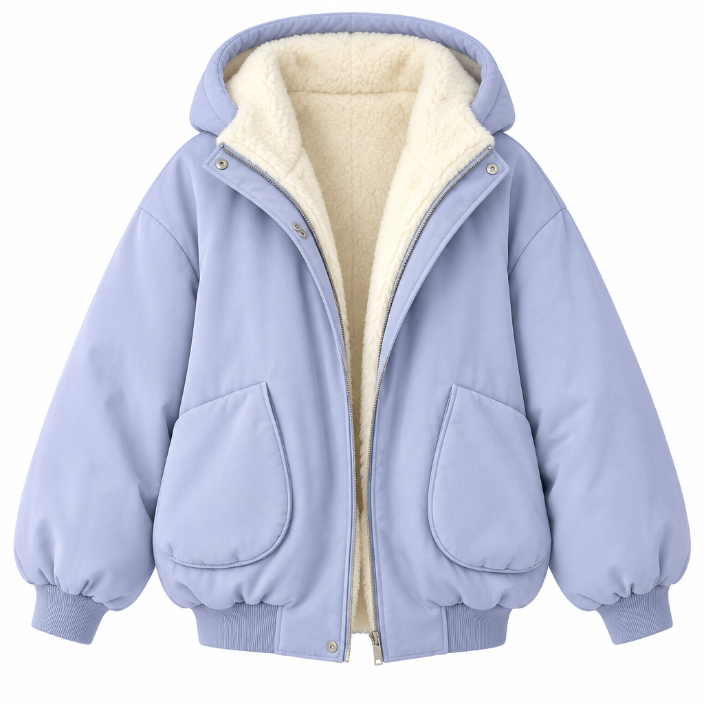 Blue hooded puffer jacket on a white background