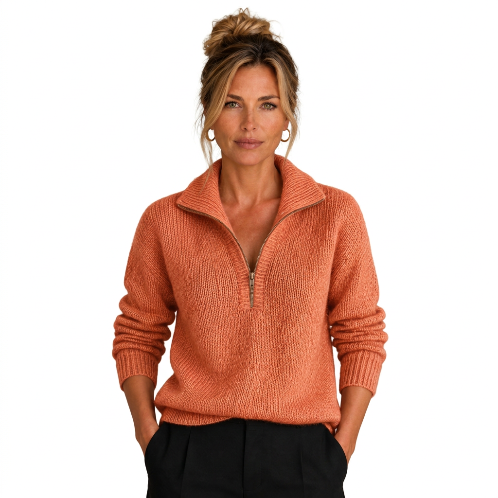 Women's Cashmere-Look Half-Zip Knitted Pullover Sweater with Long Sleeves