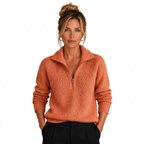 Women's Cashmere-Look Half-Zip Knitted Pullover Sweater with Long Sleeves