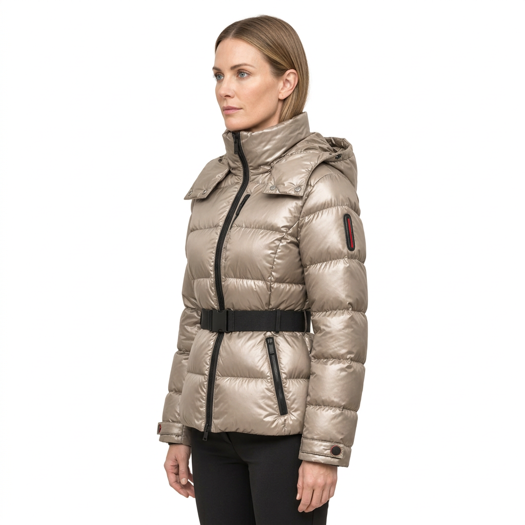Women's Belted Puffer Jacket with Detachable Hood and Zipped Pockets