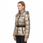 Women's Belted Puffer Jacket with Detachable Hood and Zipped Pockets