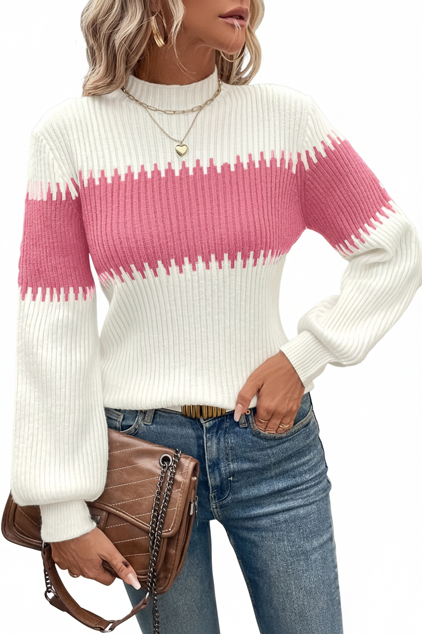 Half-Turtleneck Lantern Sleeve Sweater - White Pink Full