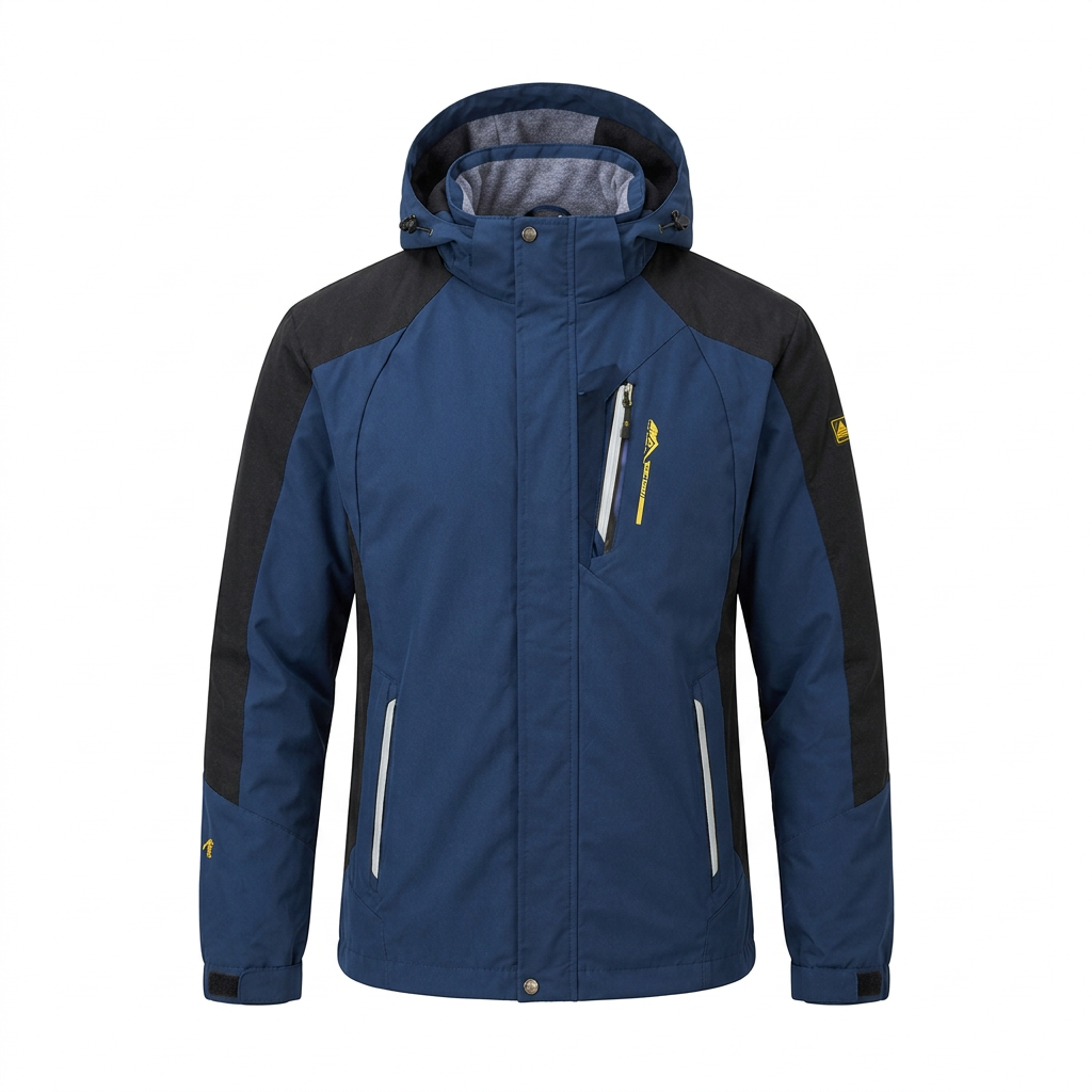 Blue hooded hiking jacket on white background