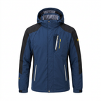 Blue hooded hiking jacket on white background