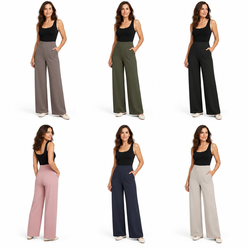 Woman modelling taupe pull-on trousers
