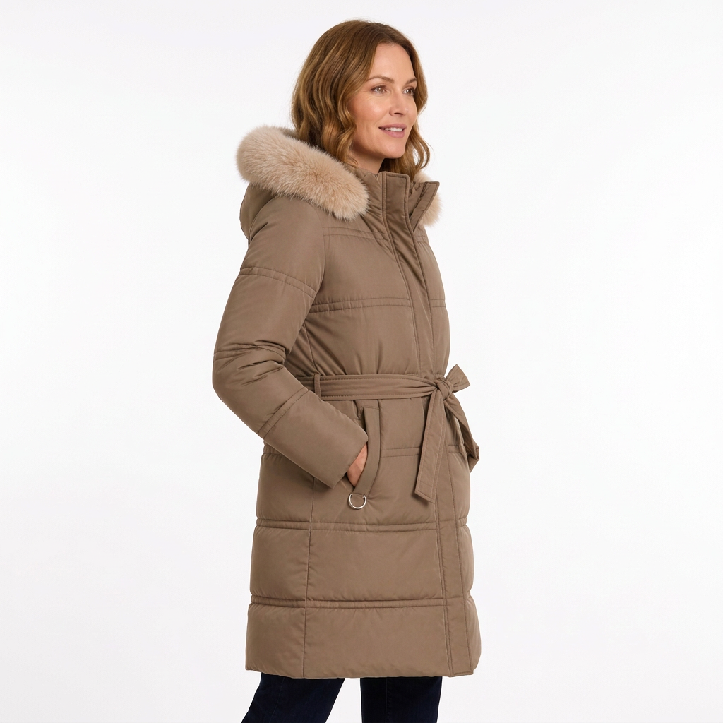 Light brown belted parka on a new model, side view on white background