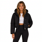 Black cropped hooded puffer jacket, front view on white background