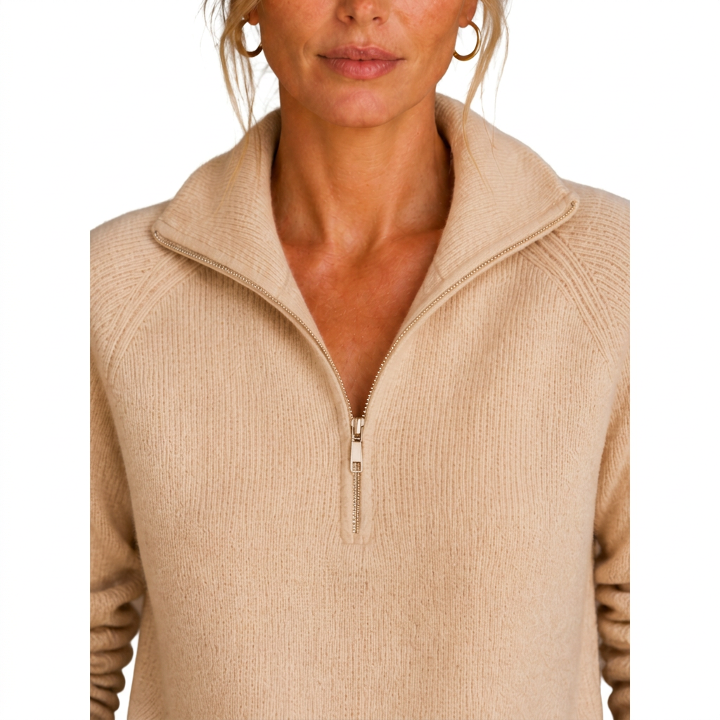 Women's Cashmere-Look Half-Zip Knitted Pullover Sweater with Long Sleeves