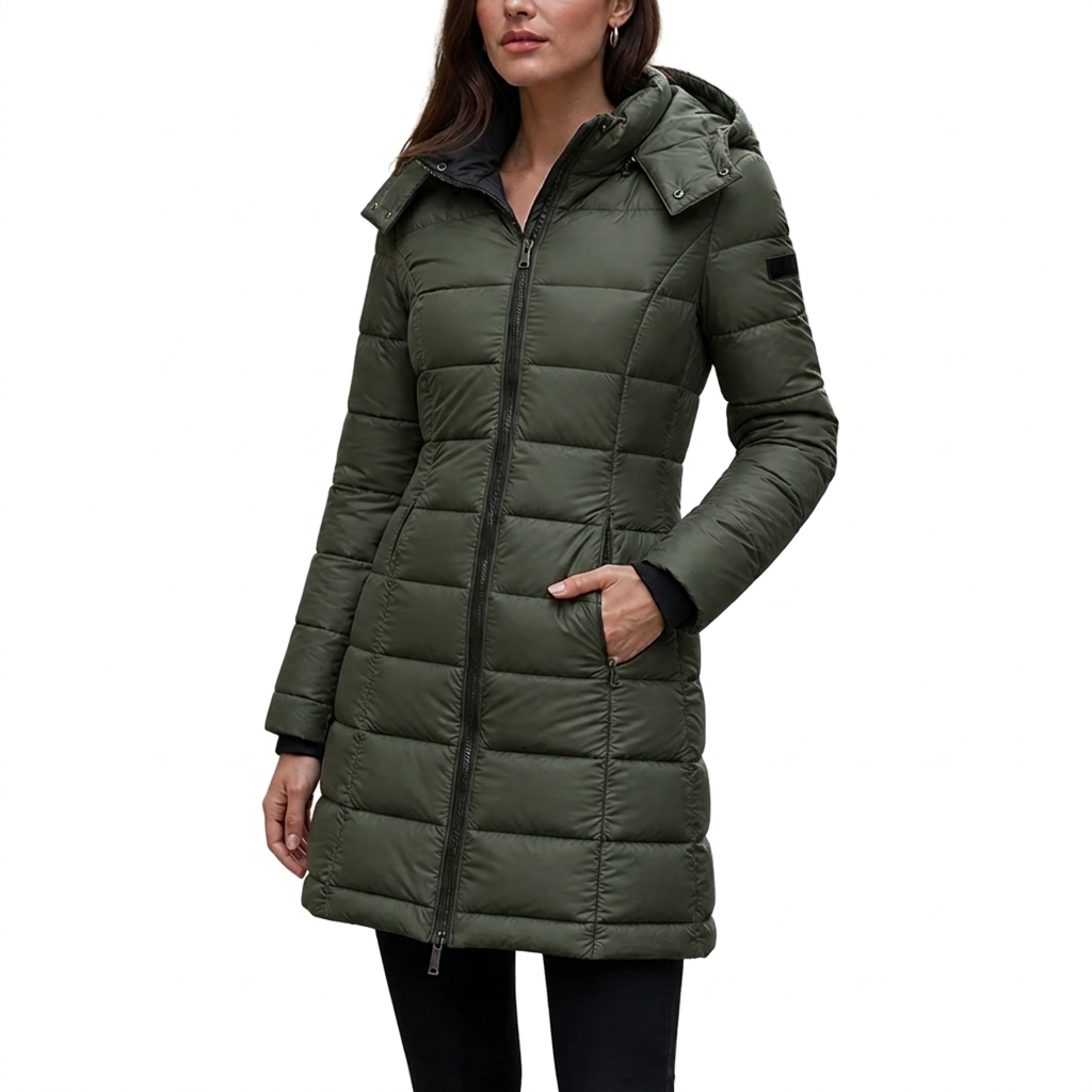 Women's Mid-Length Quilted Puffer Jacket with Detachable Hood