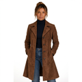 Brown suede longline coat, front view on white background