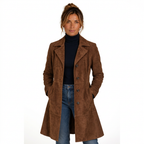 Brown suede longline coat, front view on white background