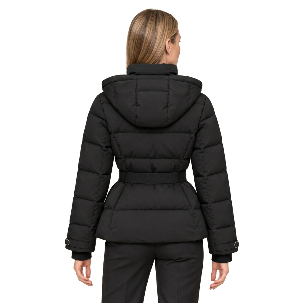 Women's Belted Puffer Jacket with Detachable Hood and Zipped Pockets