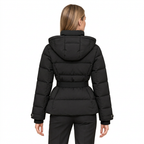 Women's Belted Puffer Jacket with Detachable Hood and Zipped Pockets