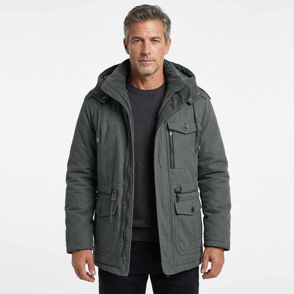 Man wearing grey fleece-lined winter parka