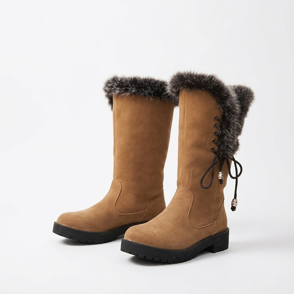 Women's Suede Mid Calf Boots with Faux-Fur Cuff for Cold Weather