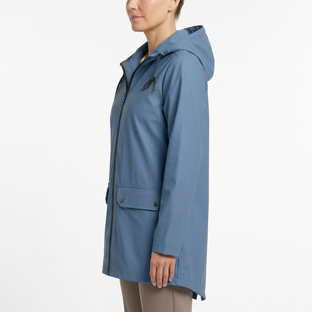 Blue rain jacket side view