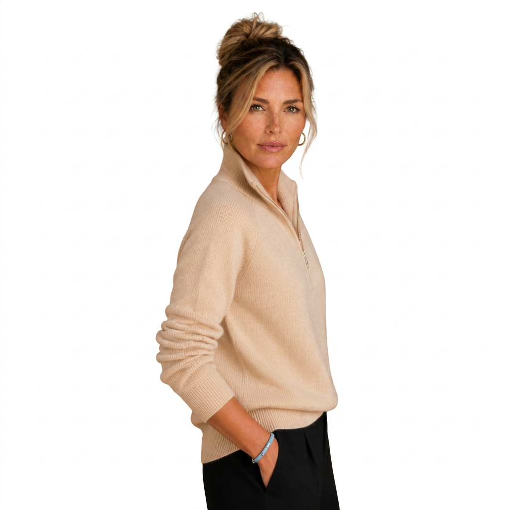 Women's Cashmere-Look Half-Zip Knitted Pullover Sweater with Long Sleeves