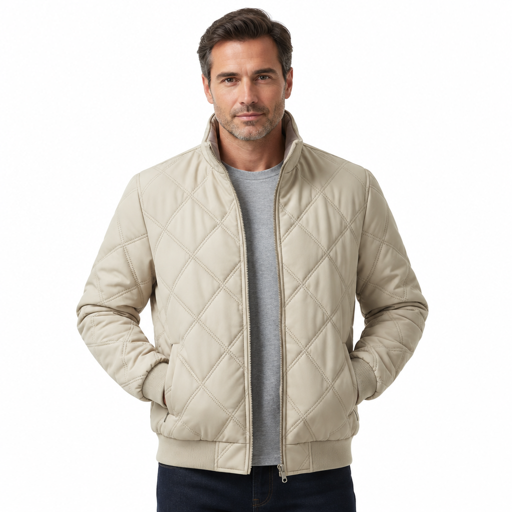 Man modelling khaki quilted jacket