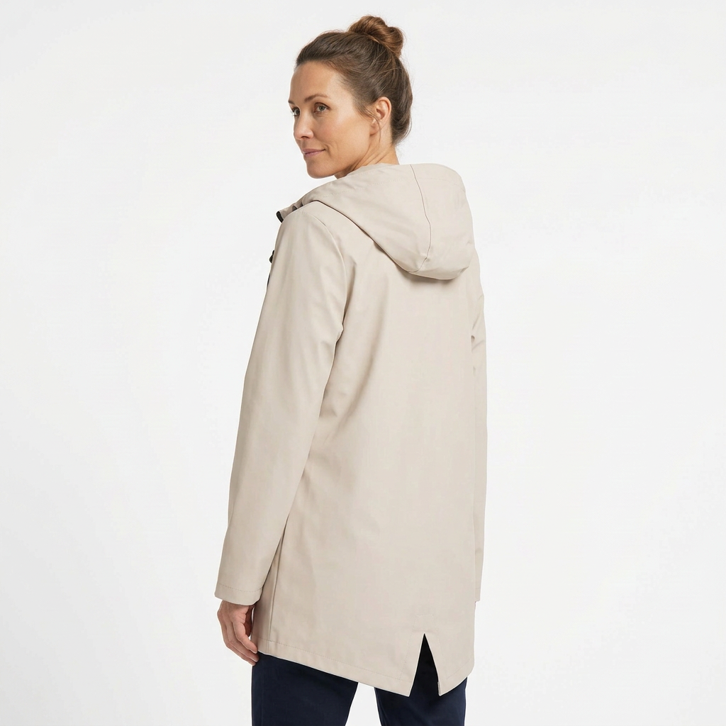 Apricot rain jacket rear three-quarter view