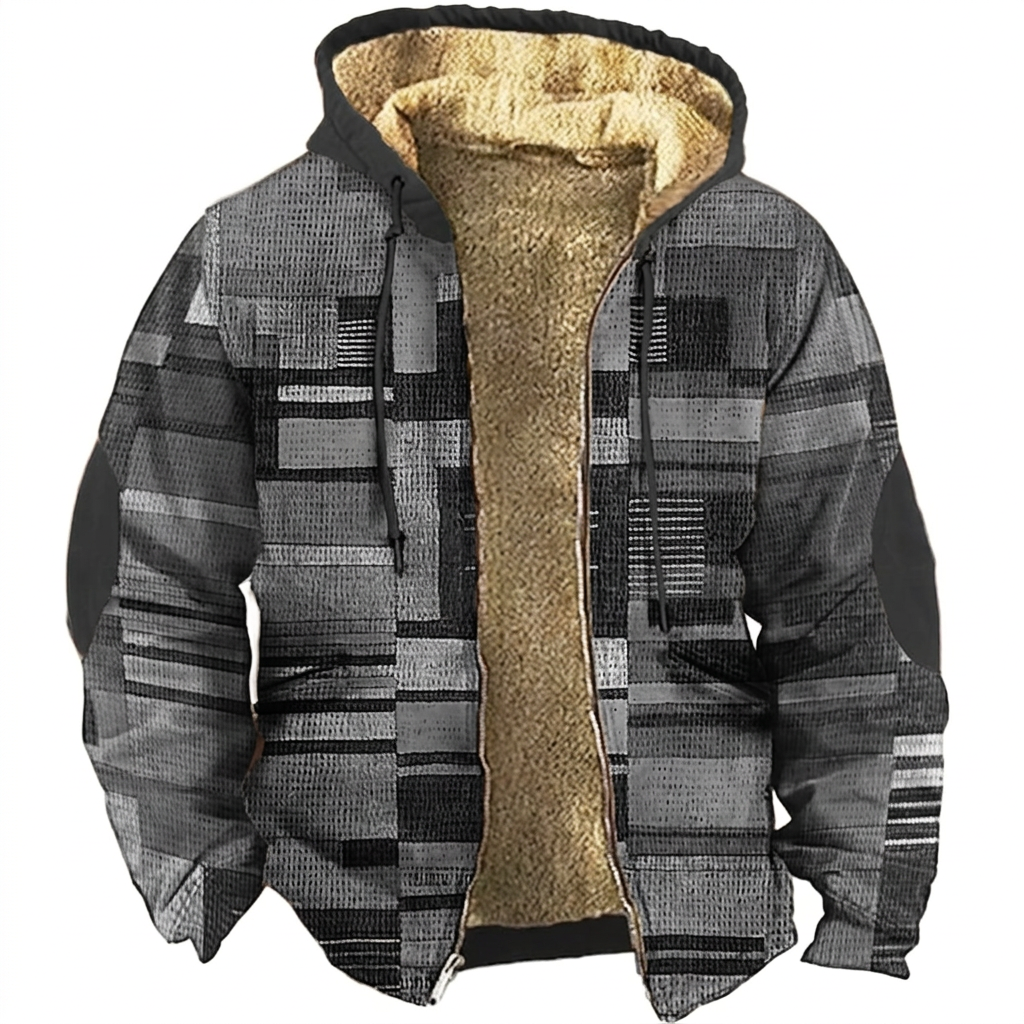 Grey patchwork hooded jacket on white background