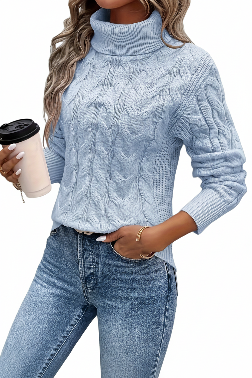 High-Neck Cable Sweater - Blue