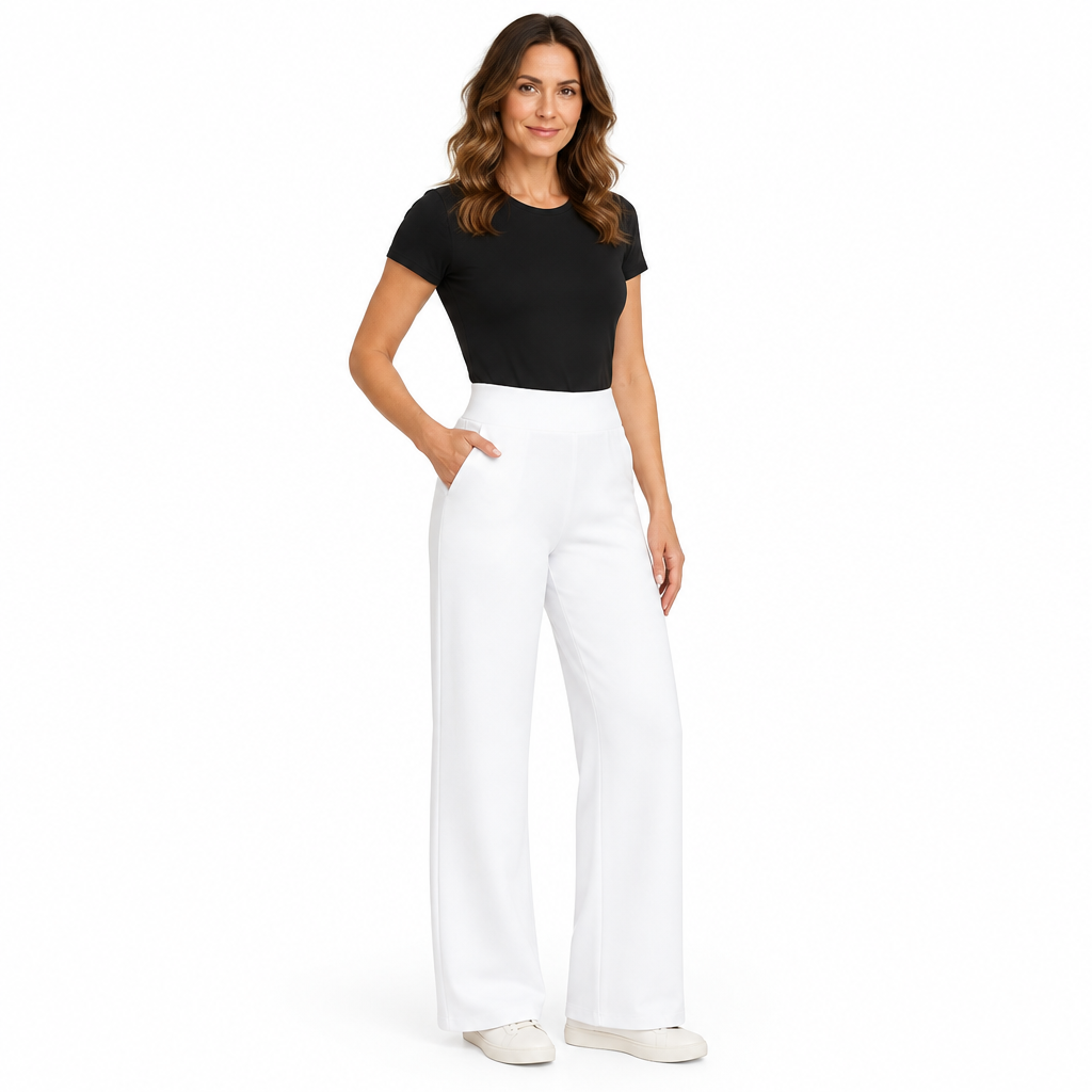 Woman modelling white pull-on trousers