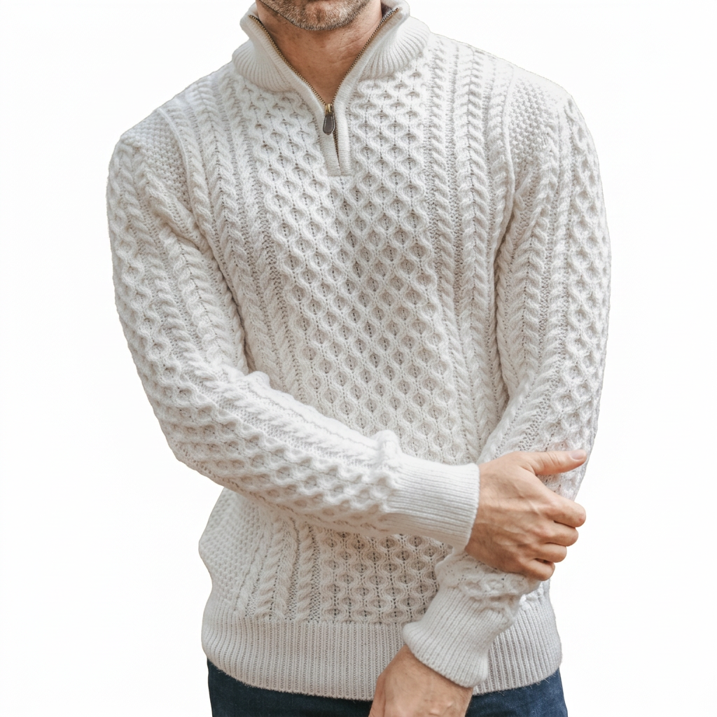 Men’s Half-Zip Jumper in Merino Wool with Aran Pattern for Warmth