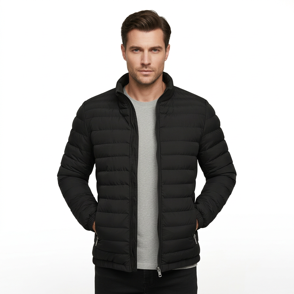 Man modelling black quilted jacket, front view on white background