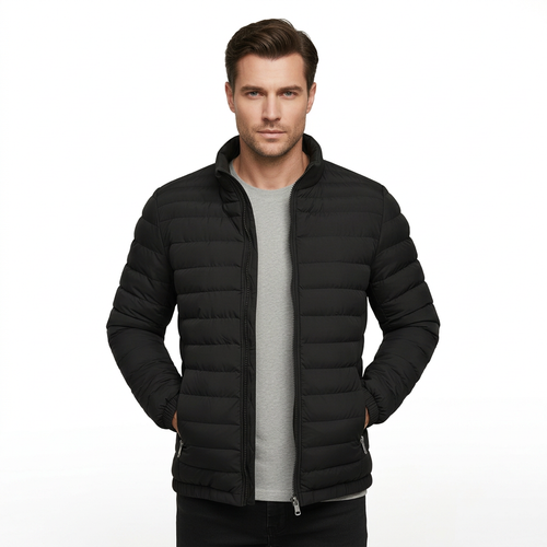 Man modelling black quilted jacket, front view on white background