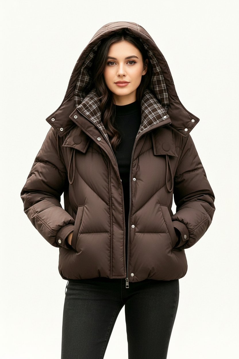 Women's Hooded Plaid Jacket - modell framifrån