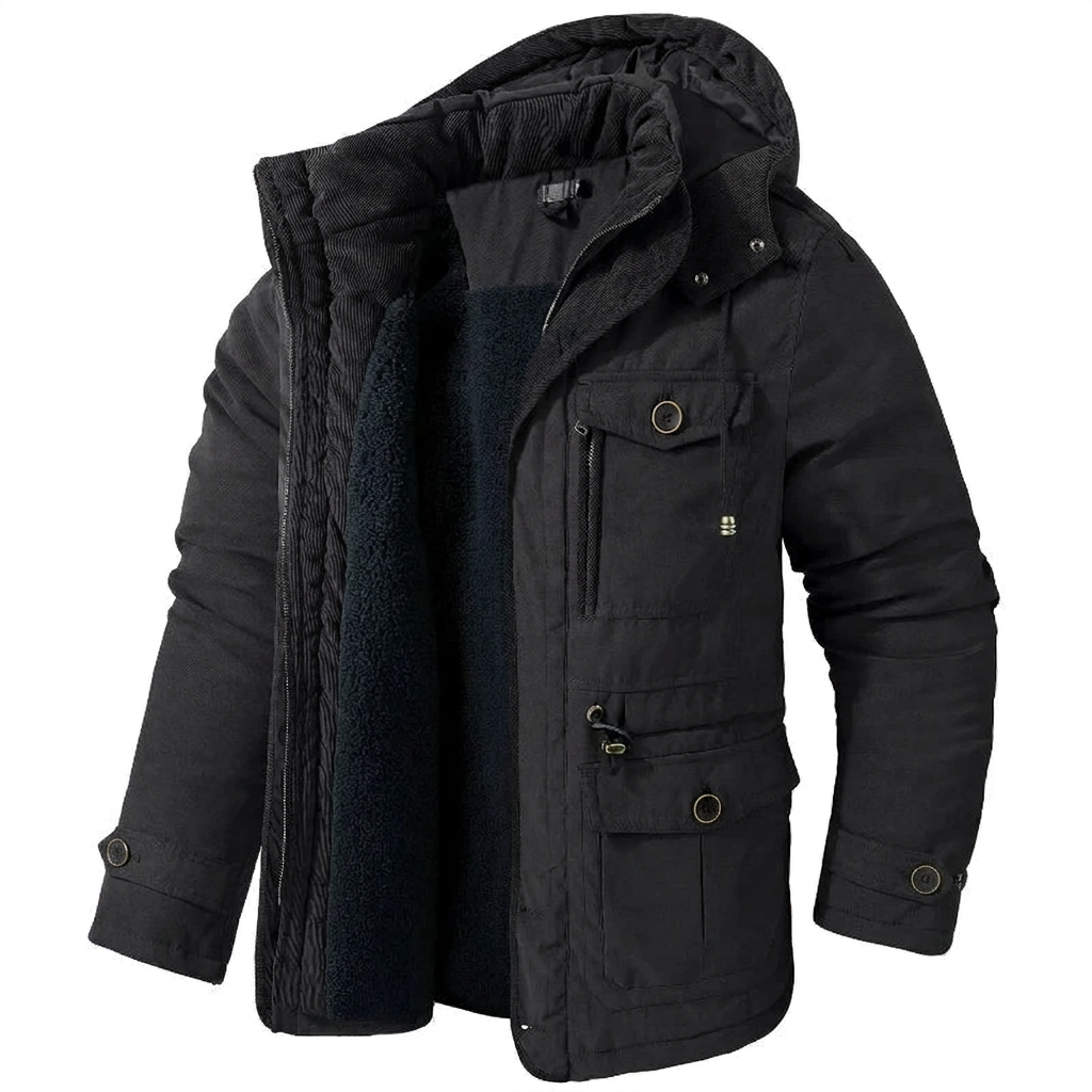 Black fleece-lined winter parka on white background