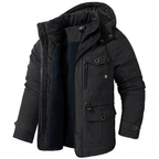 Black fleece-lined winter parka on white background