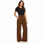 Woman modelling dark brown pull-on trousers