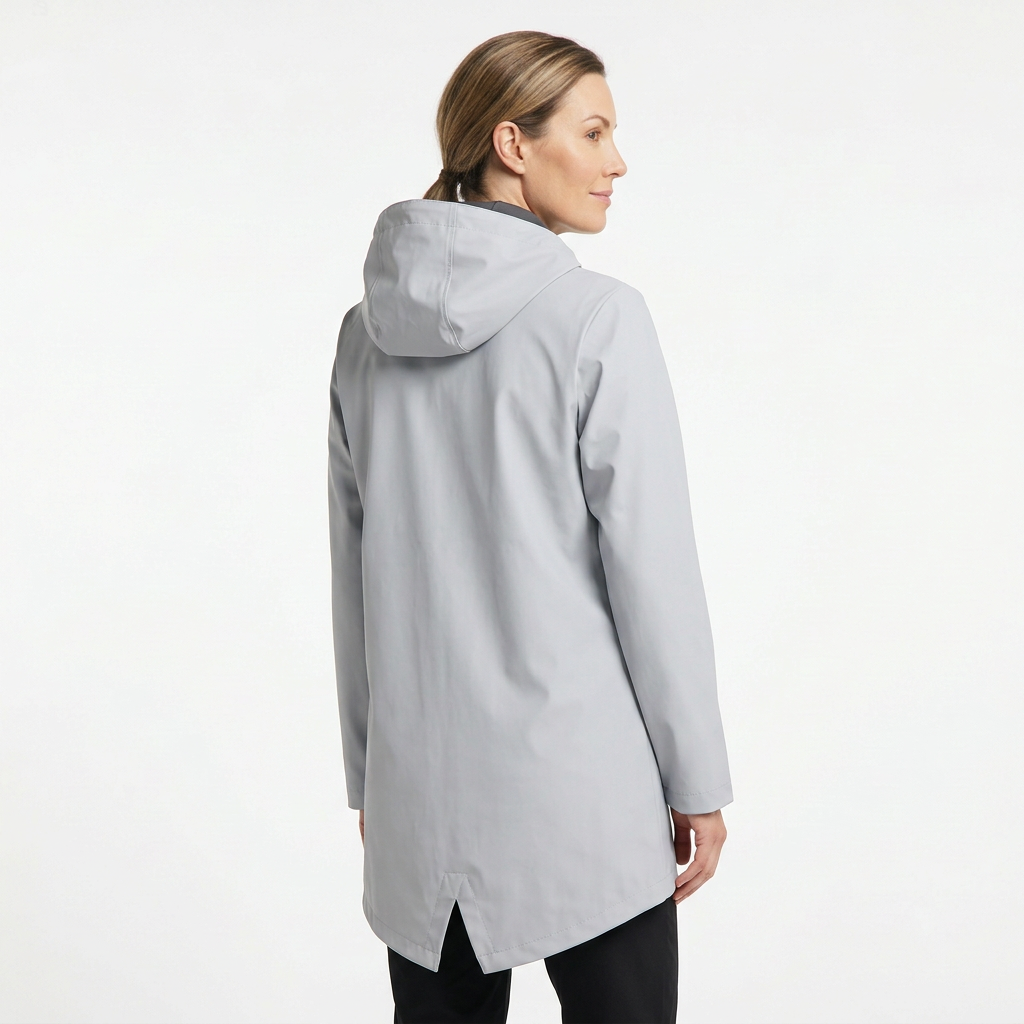 Gray rain jacket rear three-quarter view