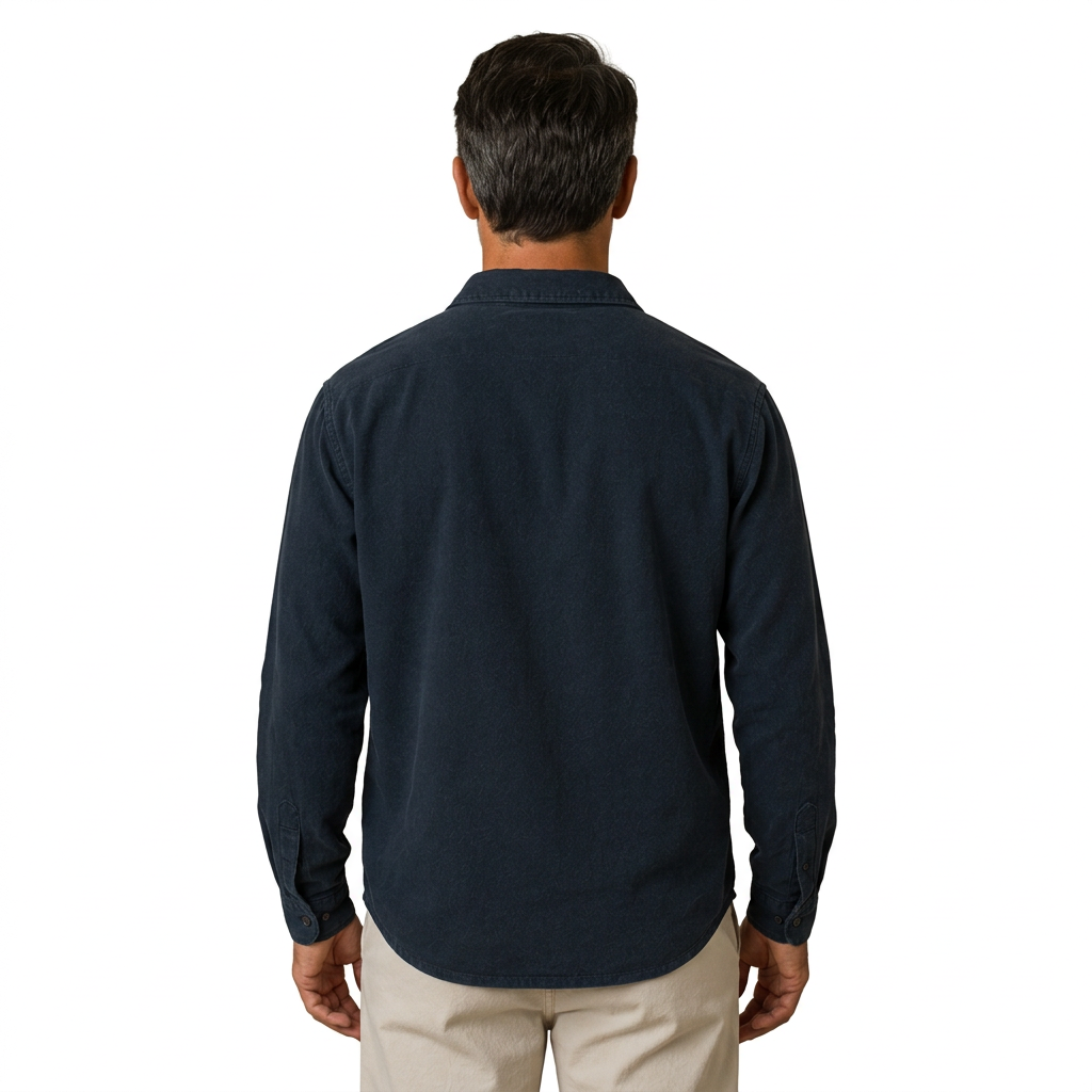 Navy popover shirt on a male model in his forties, back view on white background