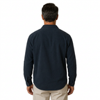 Navy popover shirt on a male model in his forties, back view on white background