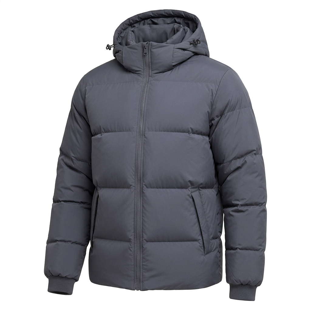 Dark grey men's hooded puffer jacket on white background