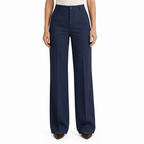 Dark blue trousers on model, waist-to-shoes view