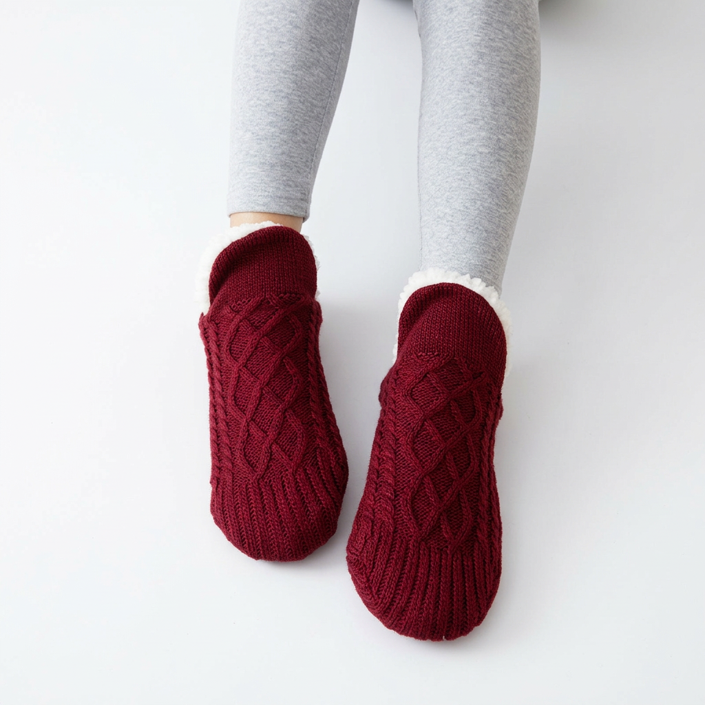 Women's Cable-Knit Slipper Socks Fleece-Lined Non-Slip