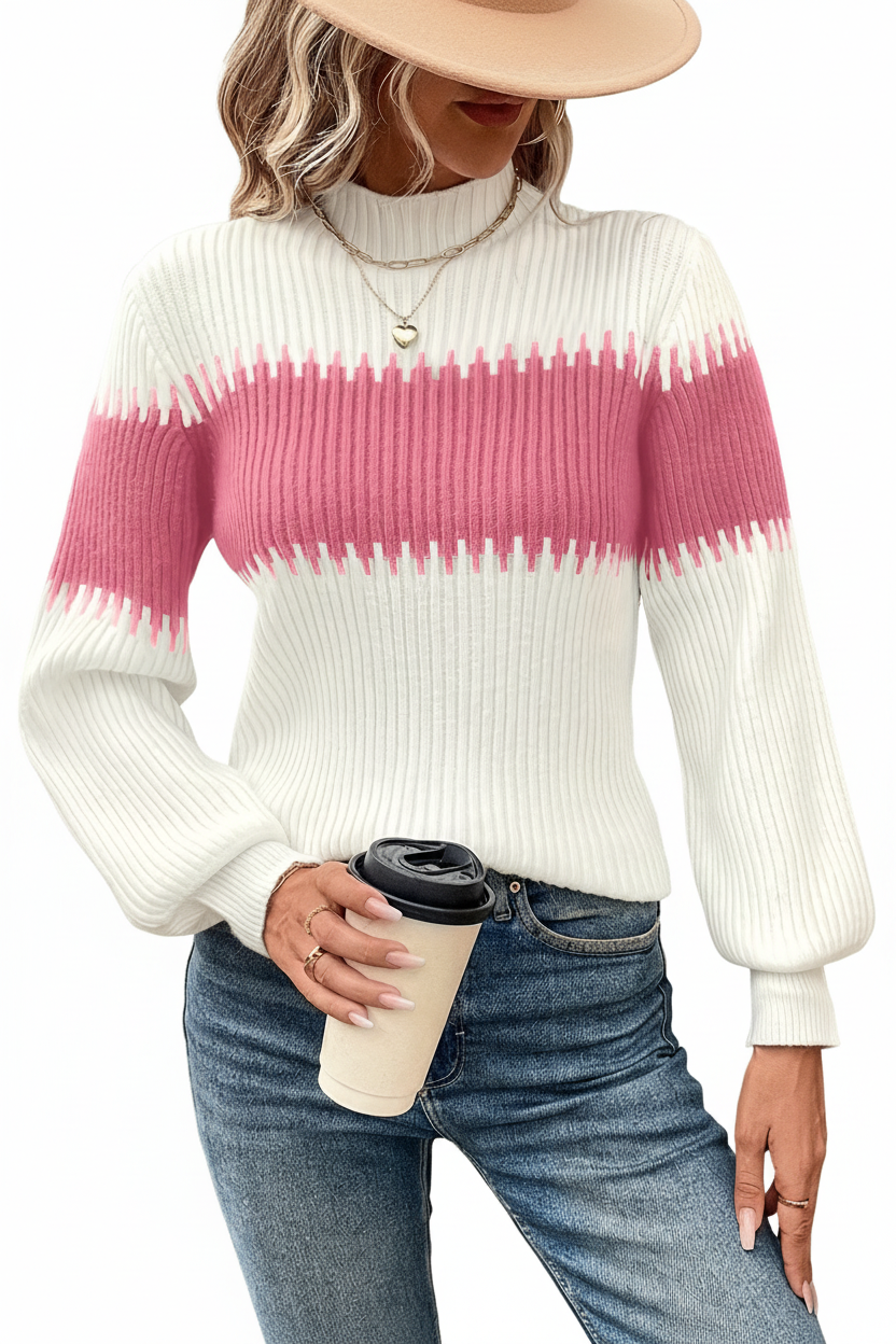 Half-Turtleneck Lantern Sleeve Sweater - White Pink Coffee