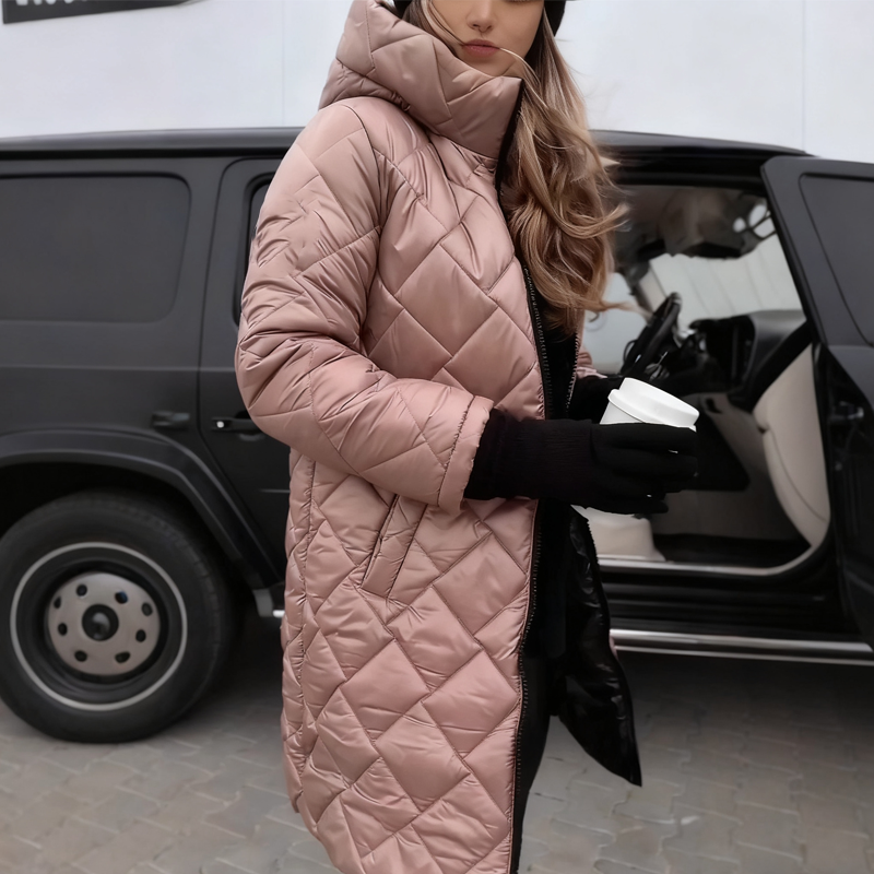 Women's Quilted Long Coat with Water-Resistant Fabric for Cold Weather