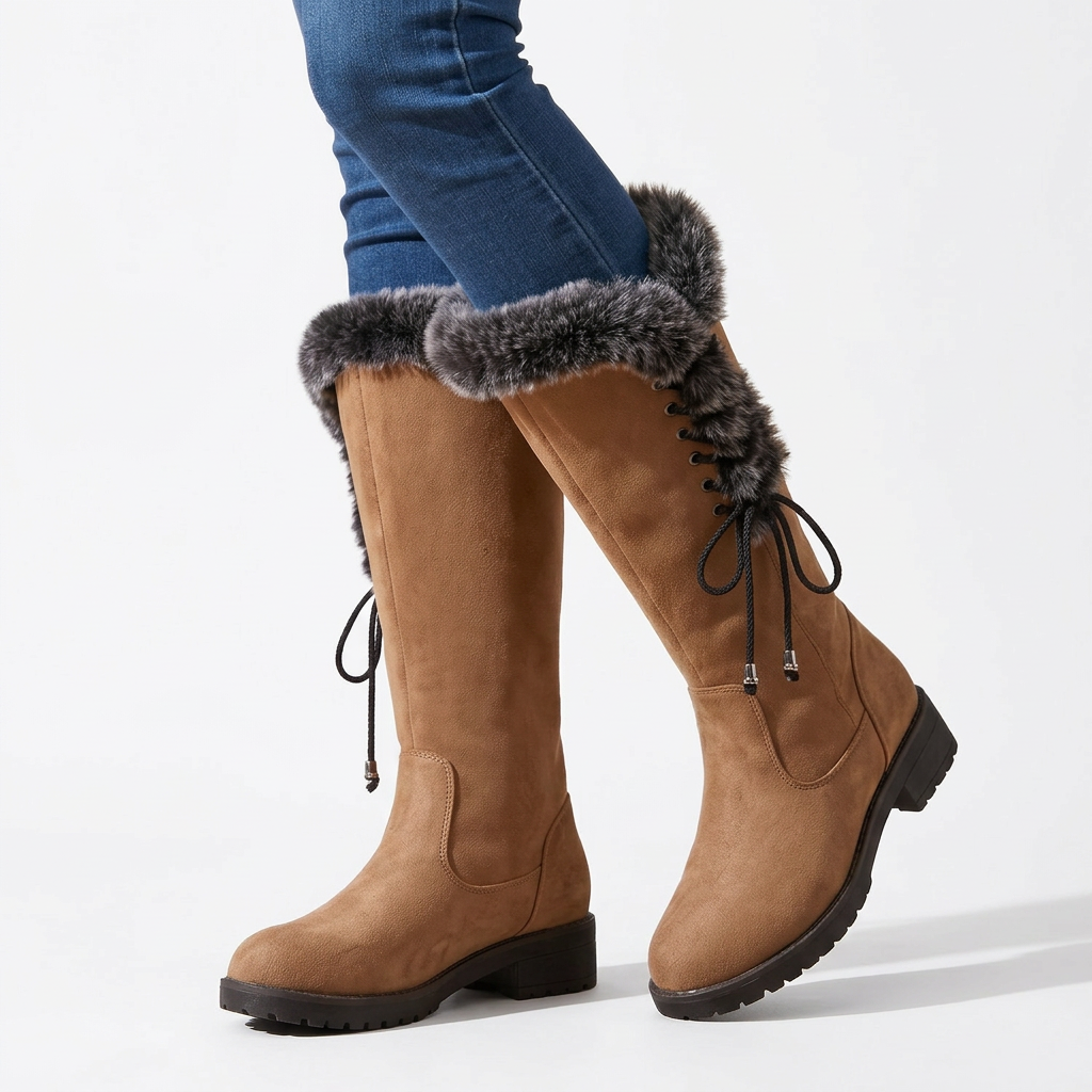 Women's Suede Mid Calf Boots with Faux-Fur Cuff for Cold Weather