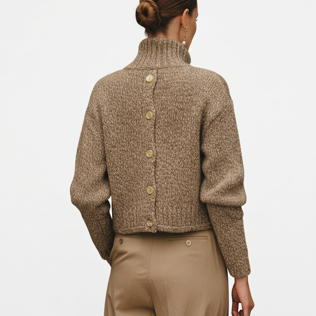 Women's Cropped Knit Cardigan with Stand Collar and Button Front