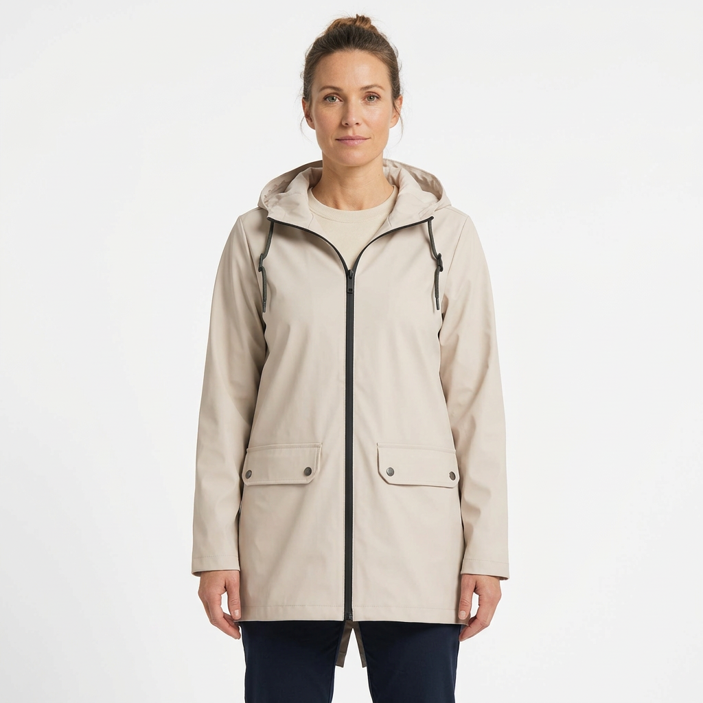 Woman modelling Apricot hooded rain jacket