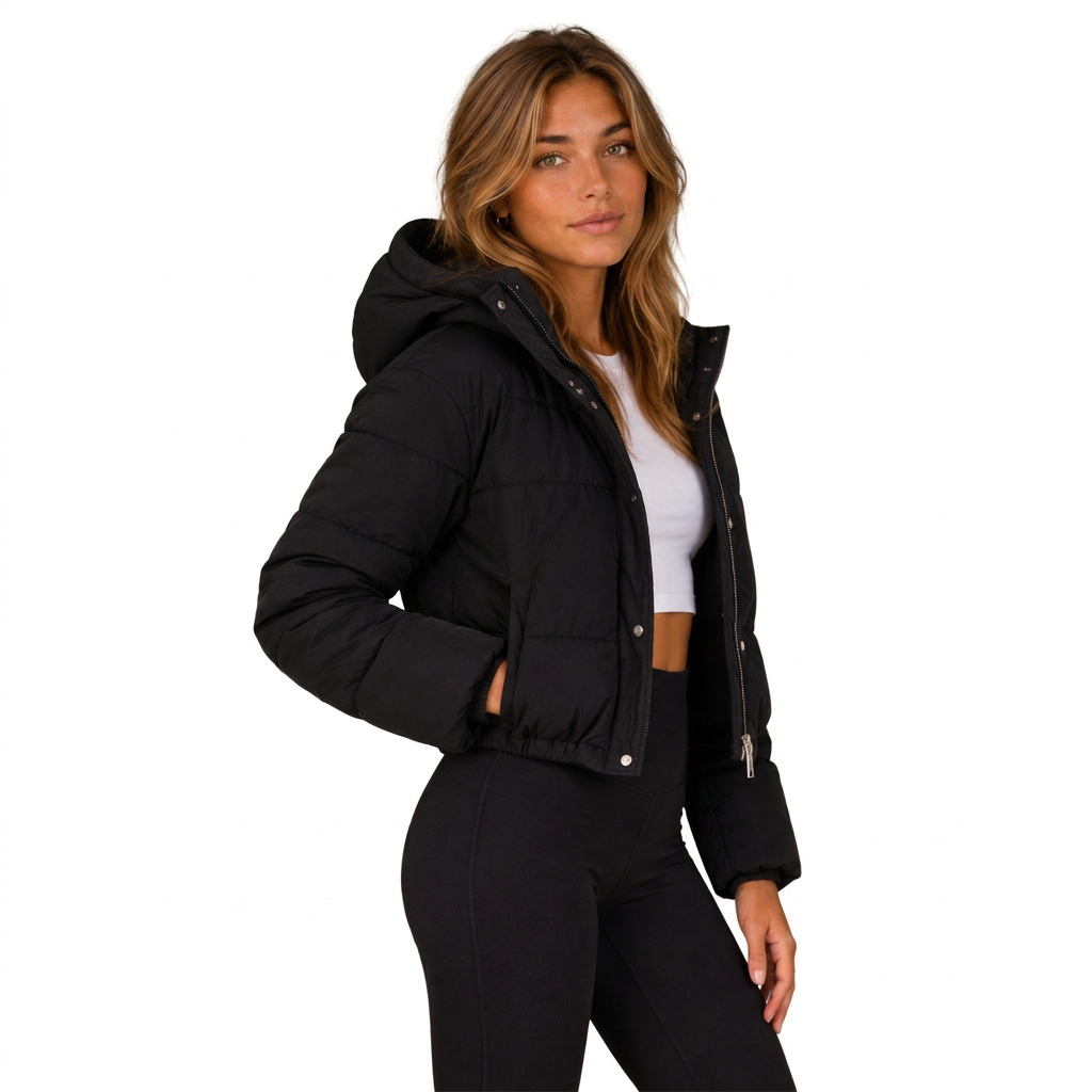 Black cropped hooded puffer jacket, side view on white background